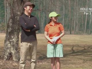 Golf call girl gets teased and creamed by two youngsters